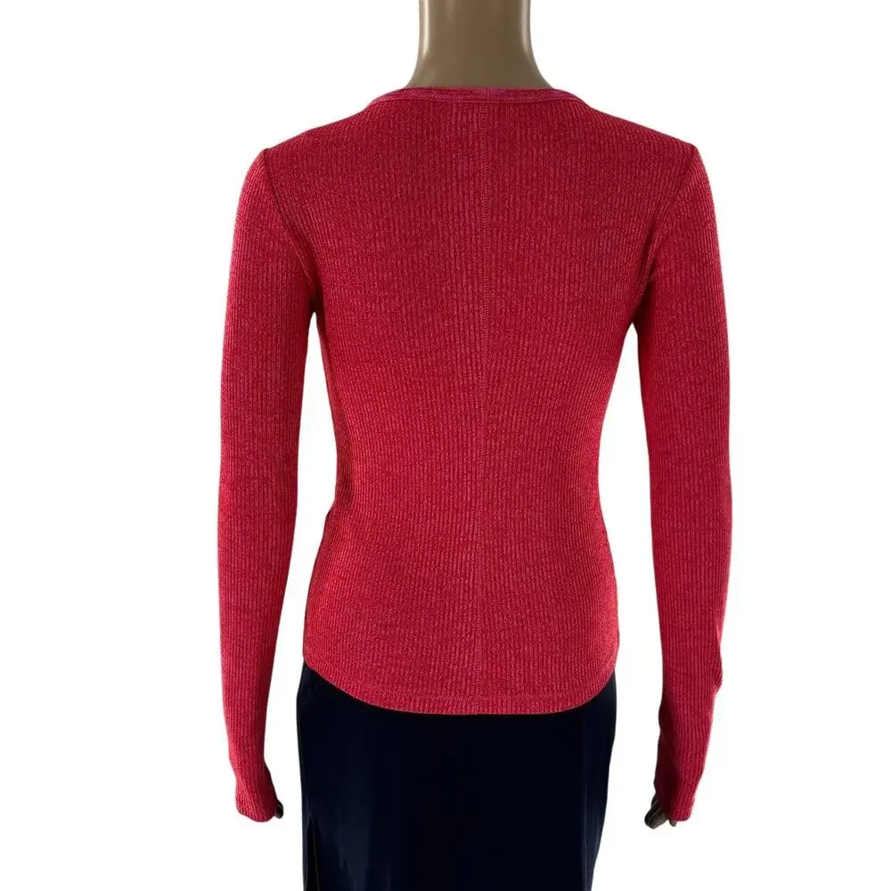 Rag & Bone Pink Marled Red The Knit Ribbed Henley Long Sleeve Top